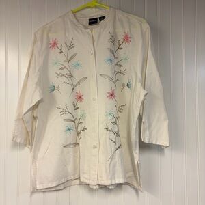 Erika White Embroidered Floral Button-Front Blouse XL Linen Cotton Blend